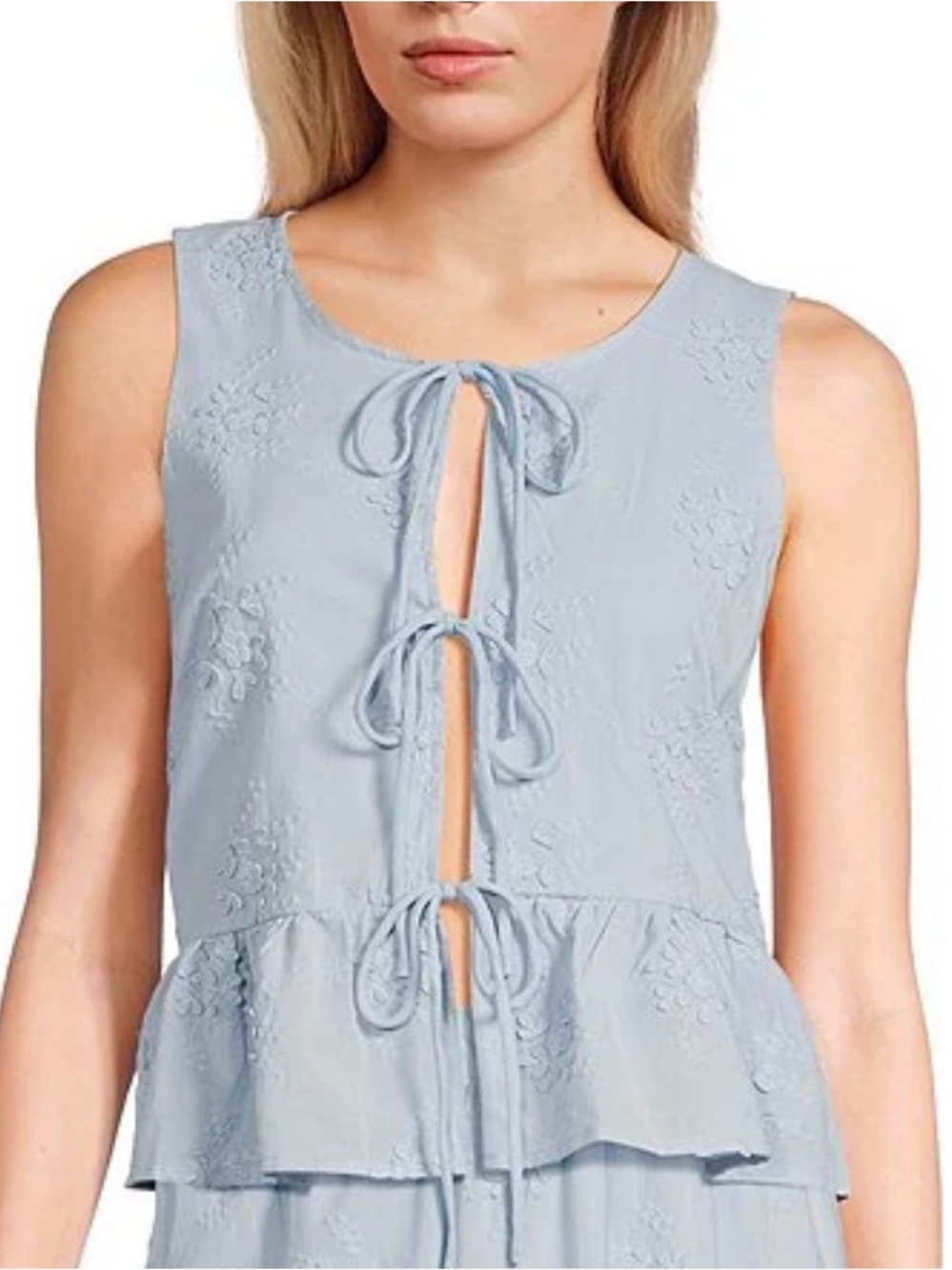 Gianni Bini Light Blue Embroidered Tie-Front Sleeveless Top